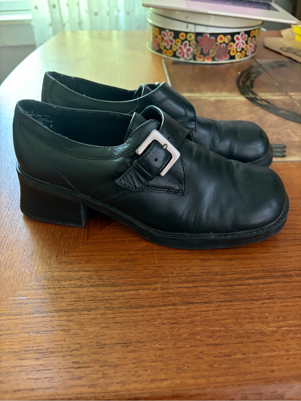 White Mountain Black Leather Buckle Heels